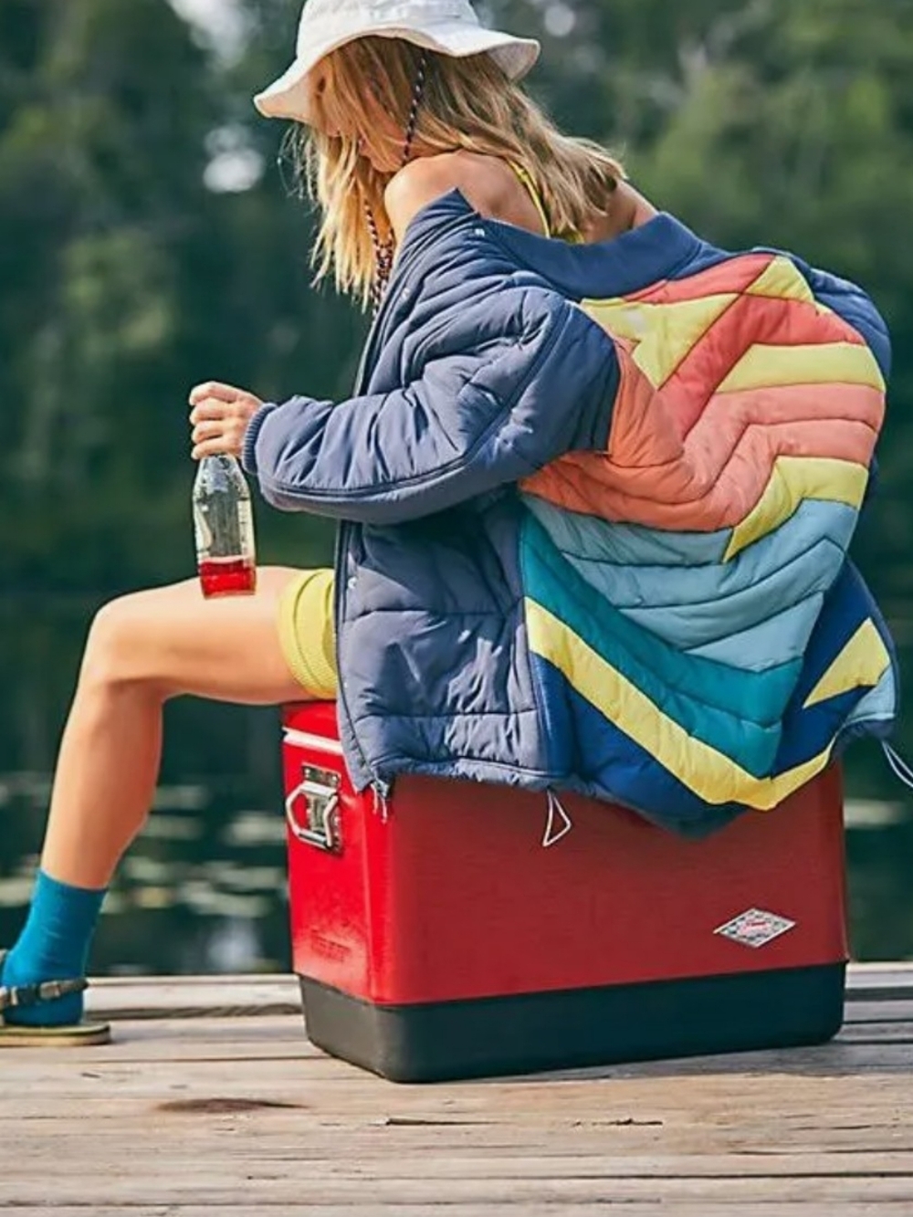 Free People Movement Midnight Moon Bomber Geometric Jacket in Rainbow Blue Combo